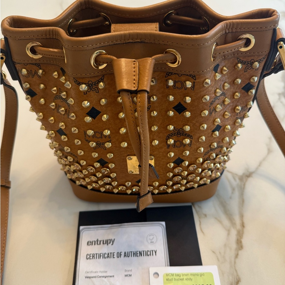 MCM Brown Leather Visetos Bucket Bag